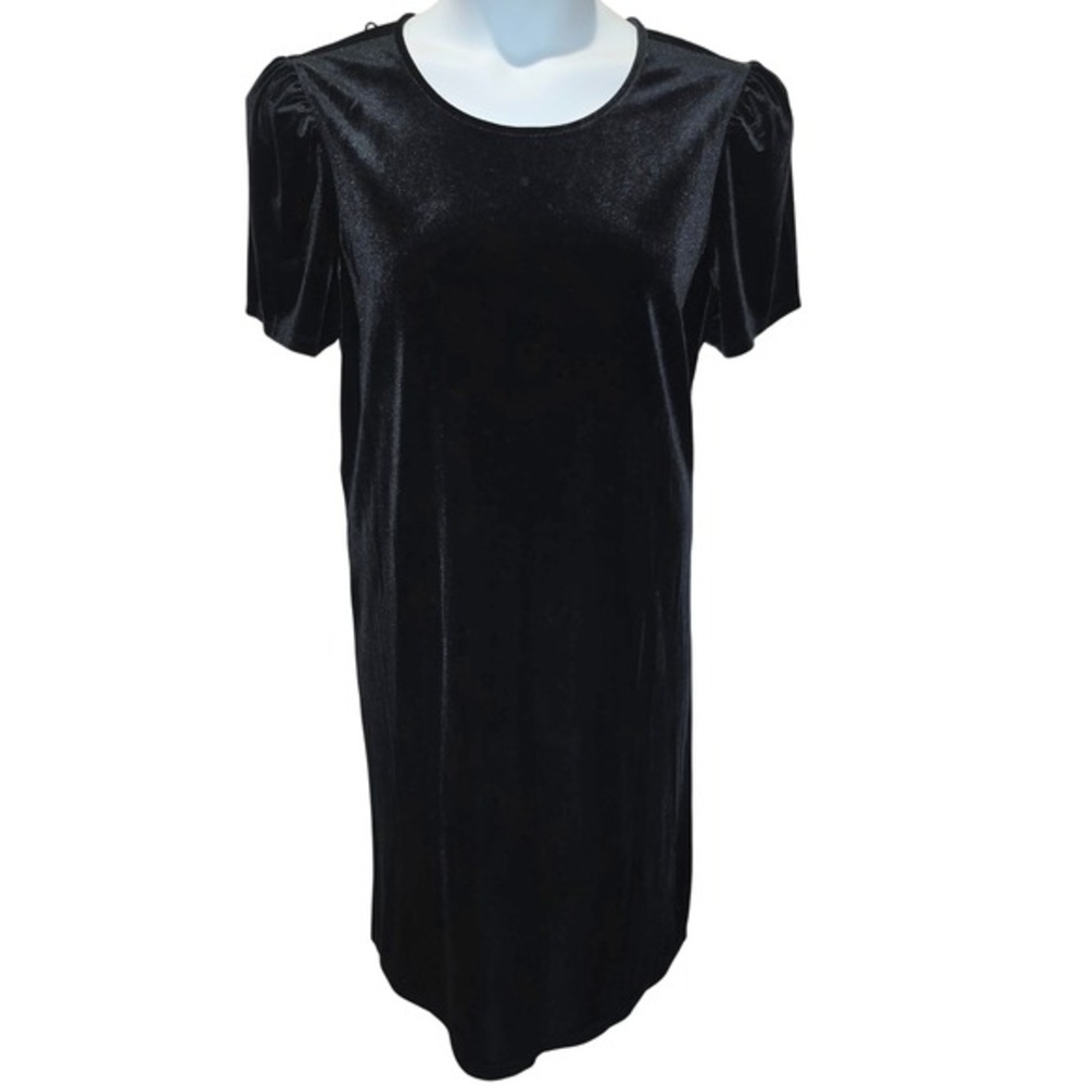 Anne Klein Black Velvet Dress Short Sleeve Sz 16 Keyhole Neck Knee Length